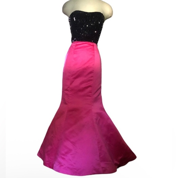Sherri Hill Pink and Black Strapless Gown - Picture 2 of 5